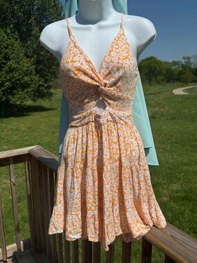 Angie Peach Floral Dress Smocked Boho Cottagecore Coquette Y2K 3086 size Small